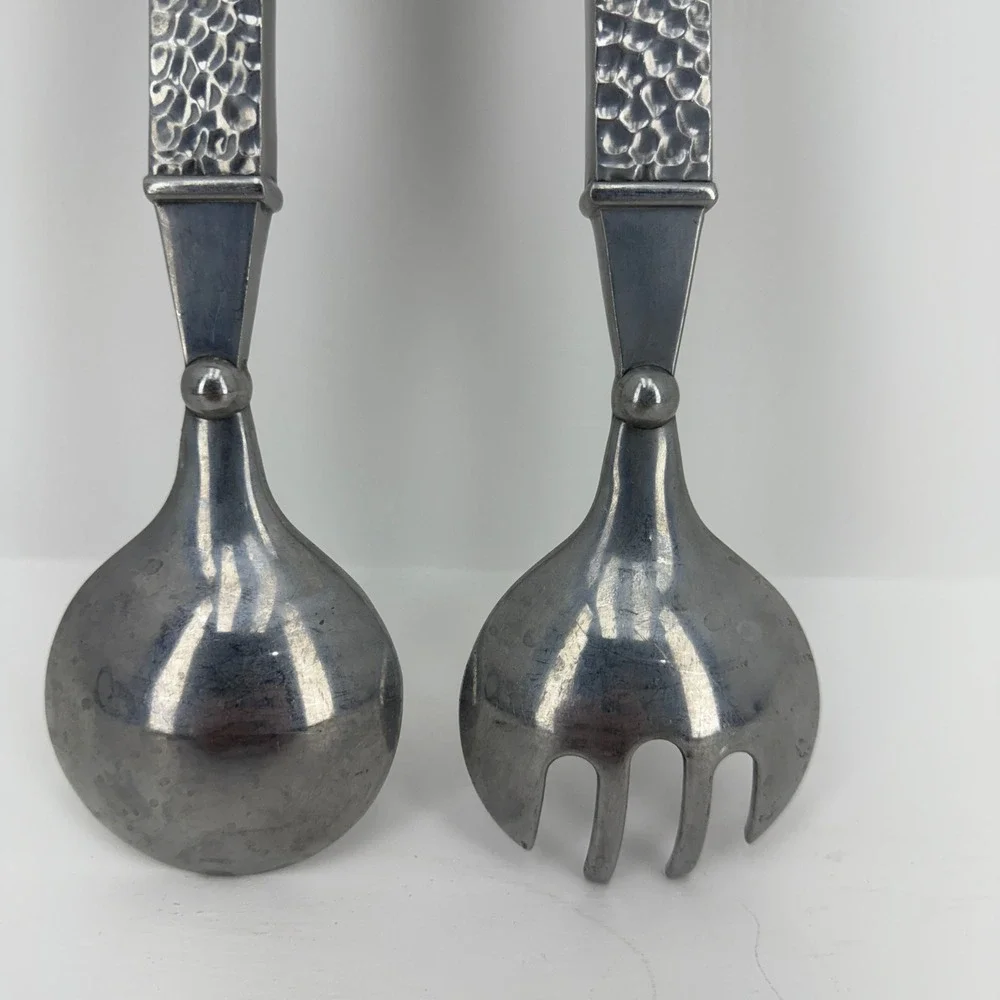 Vintage Salad Server Set Fork &‎ Spoon Silver Good Hammered Metal Artisanal